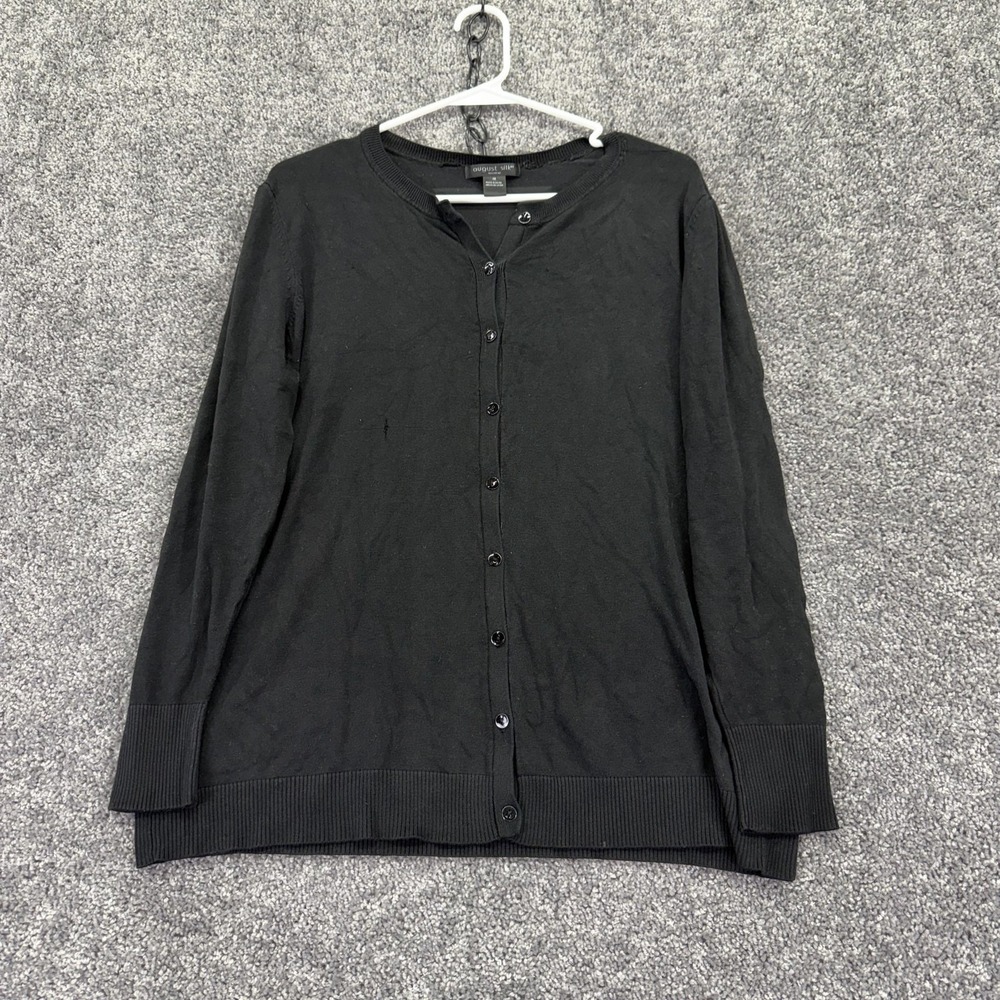 August Silk Sweater Cardigan Womens 1X Black Button Front Crew Knit Plus Casual